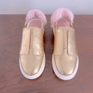 Hollie Watman Gold Leather Sneaker with Pink Fur Slingback. Size 7.5.